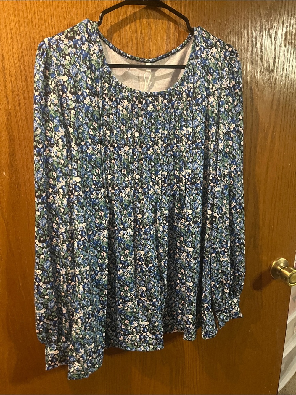 Women's Blue Floral Long-Sleeve Pleated Blouse by